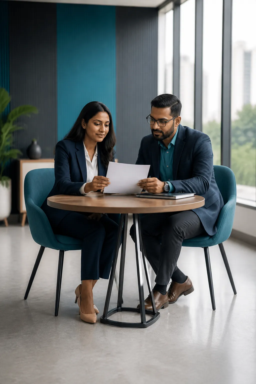 HR manager and company founder reviewing employee health insurance policy documents together