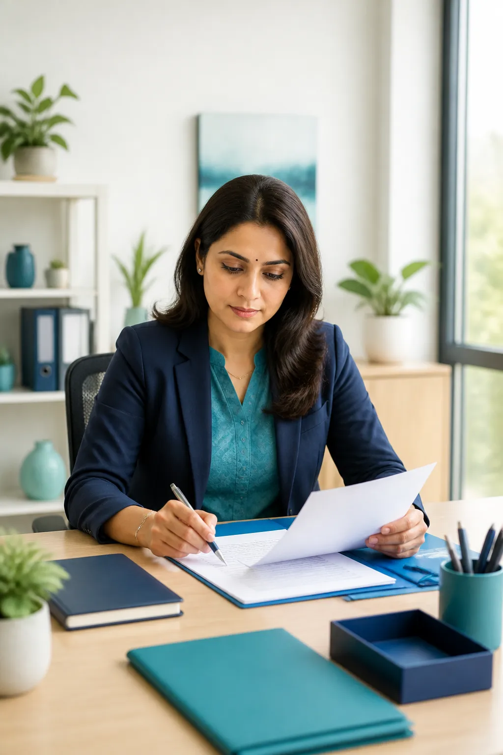 HR professional carefully reviewing employee insurance policy documents